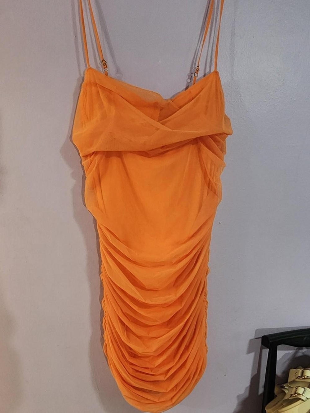 AKIRA Orange Ruched Double-Strap Mini Dress